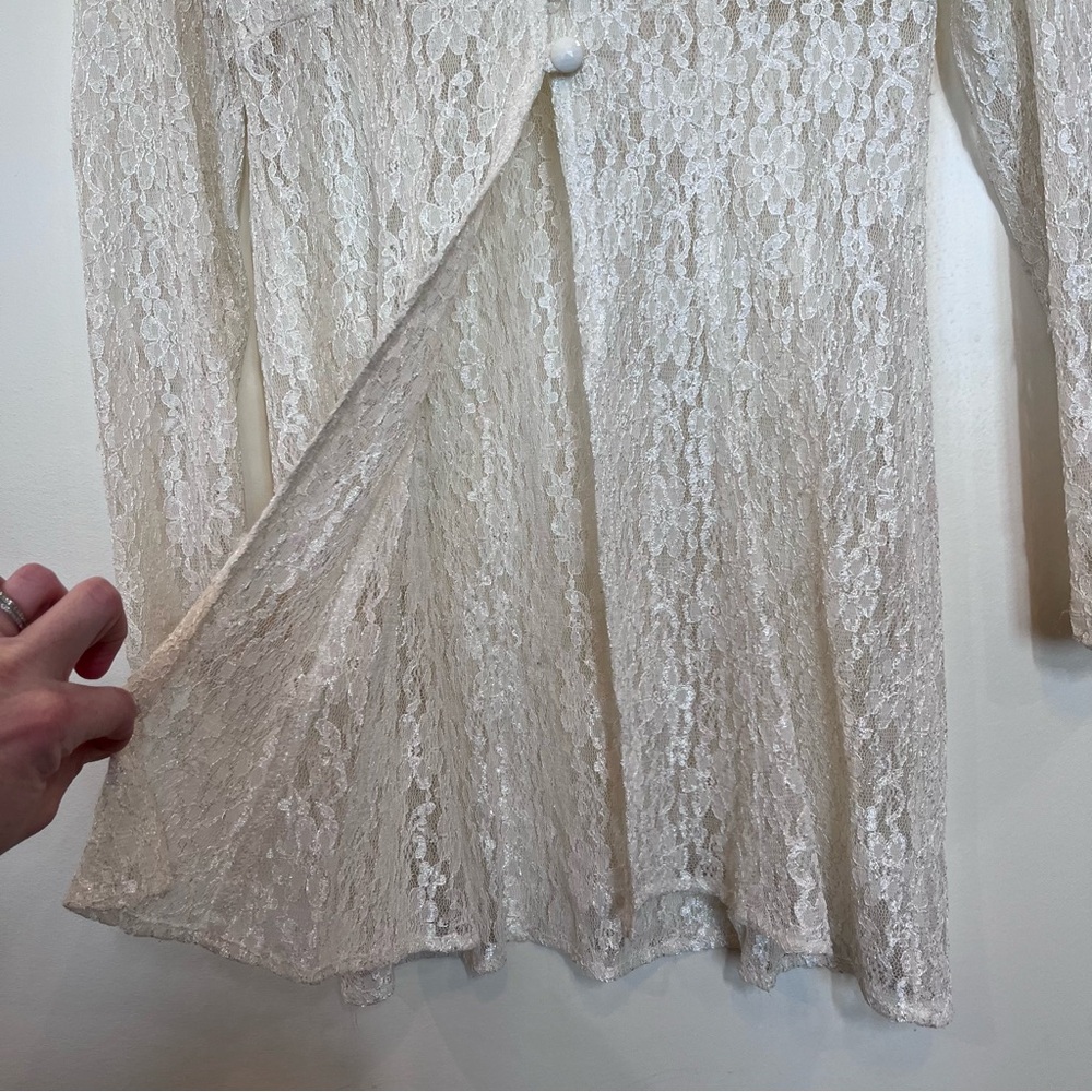 Sheer Floral Lace Garment Vintage 90s 3/4 Sleeve Ivory Romantic Stretch Babydoll - Picture 3 of 4